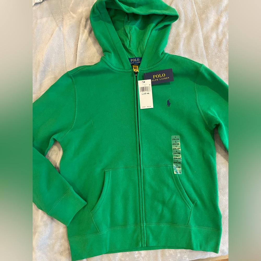 Boys Green Polo zip Up Hoodie NWT size L (14-16)